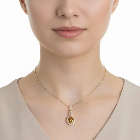 Gold Citrine and Diamond Pendant Necklace