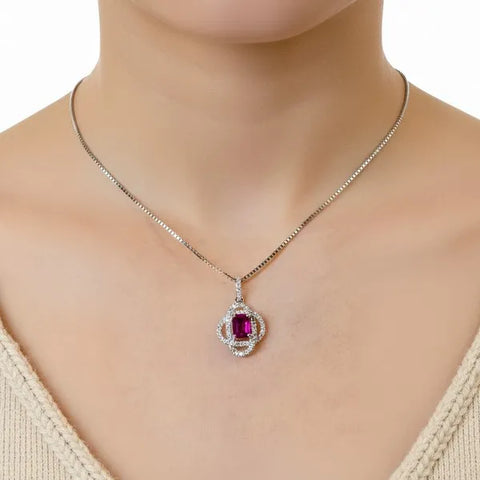 18K White Gold Emerald Cut Ruby w/Double Halo of Diamonds Pendant