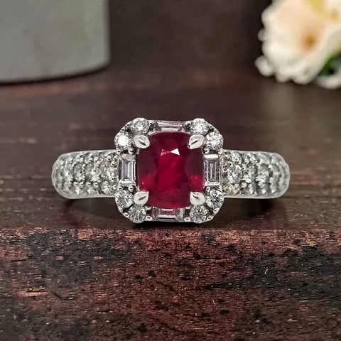 14K White Gold Diamond and Cushion Cut Ruby Ring