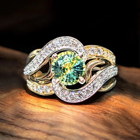 14K Two Tone Teal Sapphire Natural Diamond Ring