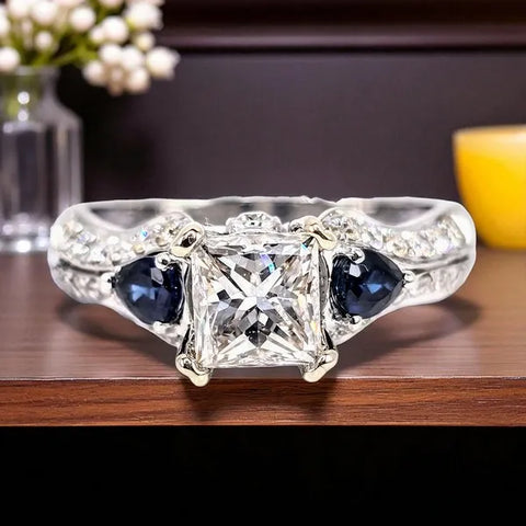 14K White Gold Natural Diamond and Sapphire Wedding Ring