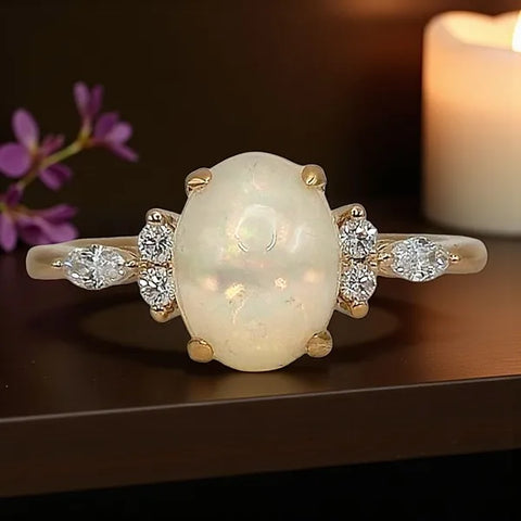 18K Yellow Gold Natural Opal and Diamond Ring
