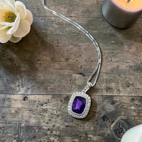 14K White Gold Diamond and Amethyst Pendant