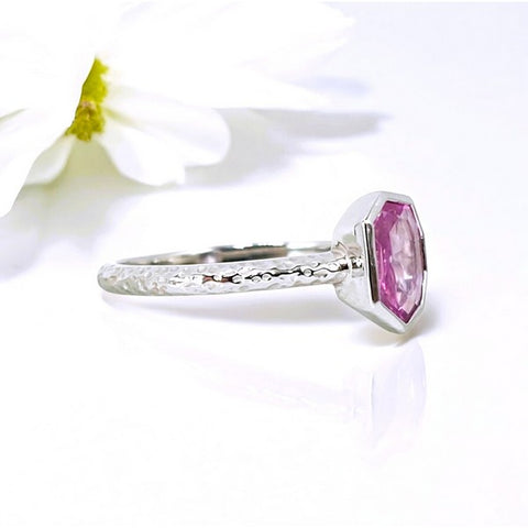 14k White Gold Hammered Pink Sapphire ring