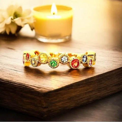 14k Yellow Gold Sapphire Round Multicolor Band