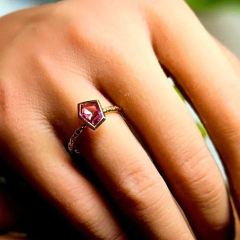 14K Yellow Gold Pink Sapphire Hammered Ring
