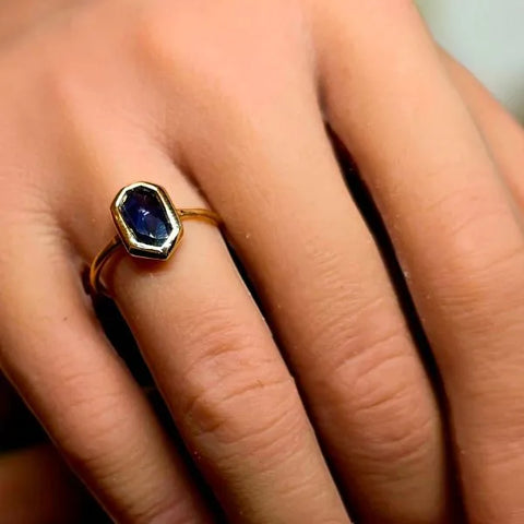 14K Yellow Gold Matte Blue Sapphire Ring