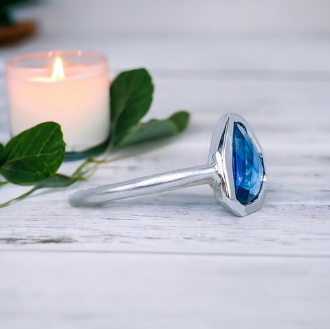 14K White Gold Matte Sapphire Ring