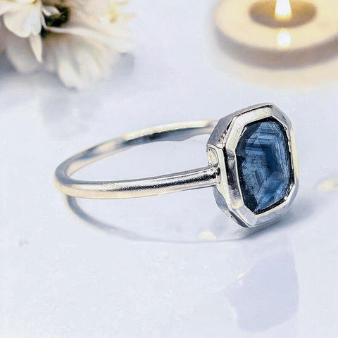14k White Gold Matte Sapphire Ring