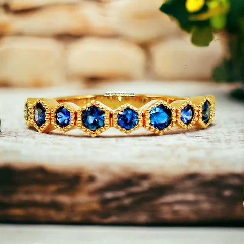 14K Yellow Gold Hexagon Blue Sapphire Band