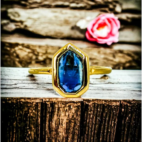 14K Yellow Gold Matte Blue Sapphire Ring