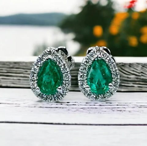 14K White Gold Diamond and Emerald Earrings