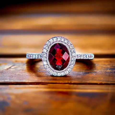 14K White Gold Garnet and Diamond Ring