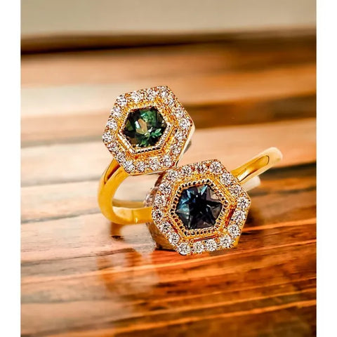 14K Gold Montana Teal Hexagon Sapphire Toi Et Moi Halo Ring