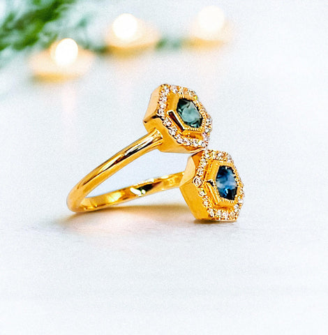 14K Gold Montana Teal Hexagon Sapphire Toi Et Moi Halo Ring