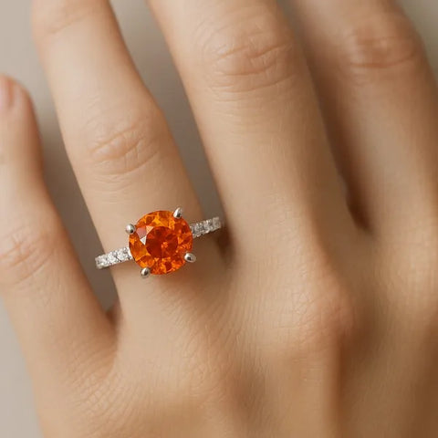 14k White Gold Natural Orange Sapphire and Diamond Hidden Halo Solitaire Ring