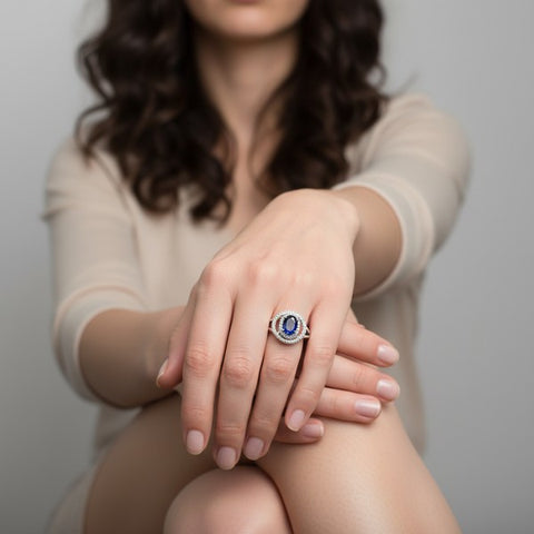 14K White Gold Sapphire and Diamond Double Halo Ring