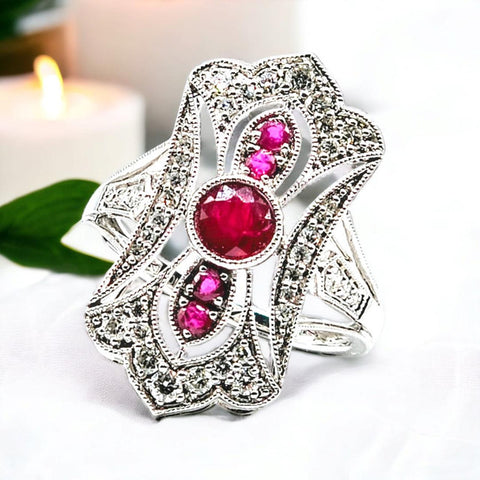 White Gold Diamond and Ruby Statement Ring