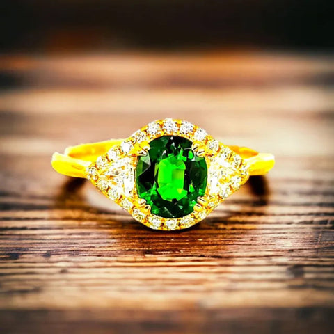 14K Yellow-Gold Tsavorite Garnet and Trillon Diamond Ring